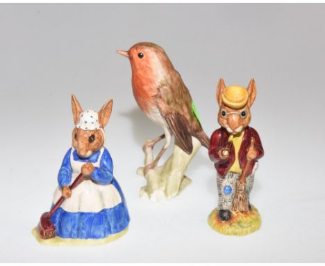 A Goebel porcelain figure of a Robin, together with two Royal Doulton figures of Mr & Mrs Bunnykins titled Autumn Days and Cl