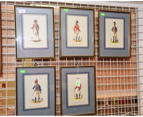 Five Regimental prints titled 2nd Coldstream Regiment of Foot Guards, Captain 1815, 7th Regiment of Light Dragoons (Hussars) 