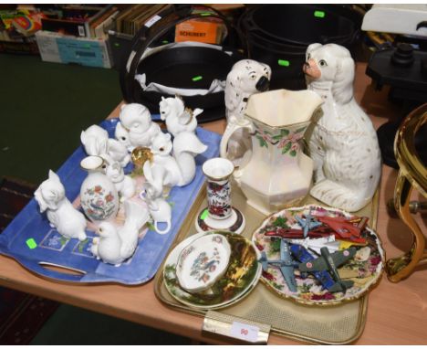 Two trays inc. two Stafforshire seated spaniels, a Ringtons lustreware jug, a Royal Worcester Prince Regent candlestick, chin