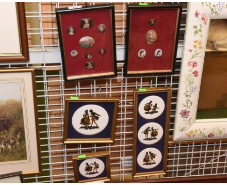 A group of porcelain Continental miniatures framed in two frames together with three framed Harleigh Staffordshire ceramic si
