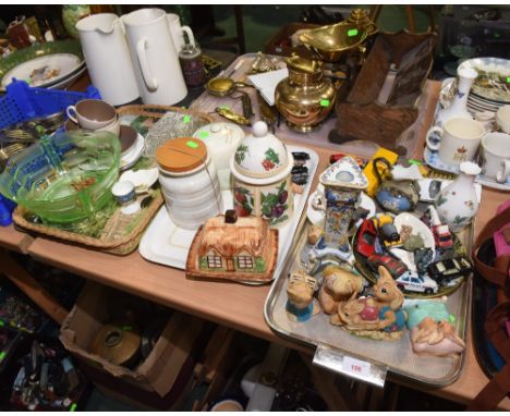 Three trays inc. 1930s green glass centre bowl, Poole pottery teacups, cottageware butter dish, Wade Whimsies, Cantigalli sty