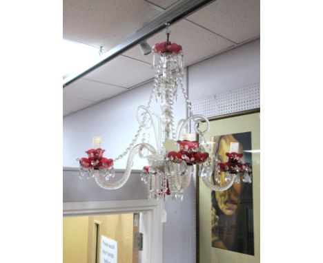 A Continental XX Century Glass Ceiling Light, with four fluted branches, with painted cranberry glass sconces, with prismatic