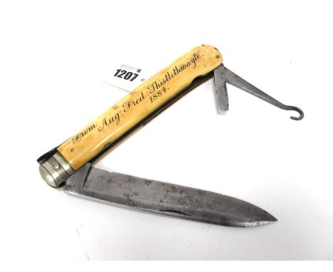 A Pocket Knife, stamped H. Rodgers &amp; Son to blade, to include corkscrew, screwdriver and hook, ivory scales inscribed "Fr