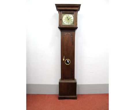 An Early XVIII Century Oak Longcase Clock, Joseph Shepard, Sheffield, hood with embattled frieze, square door, column support