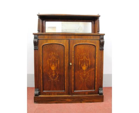 A XIX Century Inlaid Rosewood Chiffonier, with three-quarter gallery to crossbanded shelf, reeded supports and glass panel, t