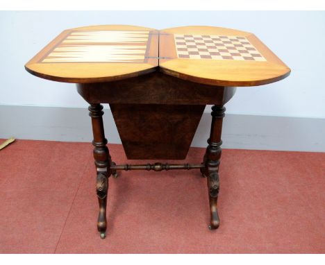 XIX Century Style Walnut Games/Sewing Table, with fold over top with chess/backgammon board, single drawer, tapering basket o