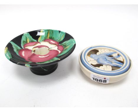 A Wilkinson Ltd 'Clarice Cliff' Pottery Bowl, the pierced cover moulded and painted with a blue swallow, printed marks, 9.5cm