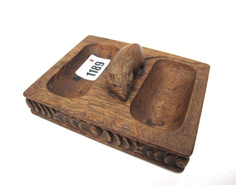 Robert Thompson Mouseman Double Pipe Stand/Ashtray, of rectangular form with carved mouse signature to centre and frieze to t