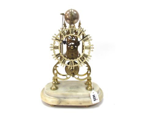 An Early XX Century Brass Skeleton Clock, the white painted chapter ring with Roman numerals of typical scrolling form, fusee