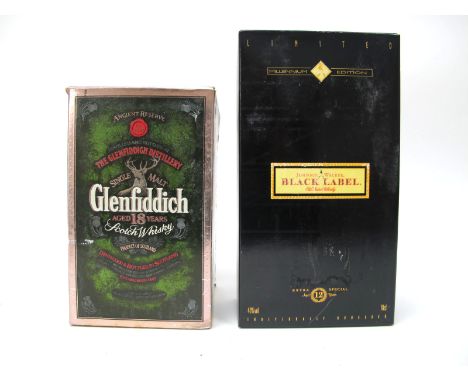 Whisky - Glenfiddich Ancient Reserve Aged 18 Years, in ceramic decanter, 750ml, 43% Vol, boxed; Johnnie Walker Black Label Ex