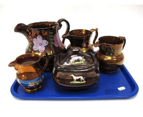 A Collection of Mid XIX Century Copper Lustre Ware, including sucrier and cover applied with farmyard animals, 14cm; Together