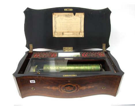 A Late XIX Century Swiss Musical Box, the shaped rectangular rosewood case with inlaid floral band to the lid, with pinned cy