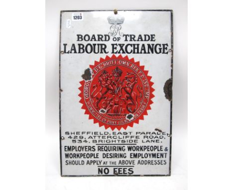 A Vintage Enamelled Wall Sign 'Board of Trade Labour Exchange, for Sheffield Locations East Parade, Attercliffe Road and Brig