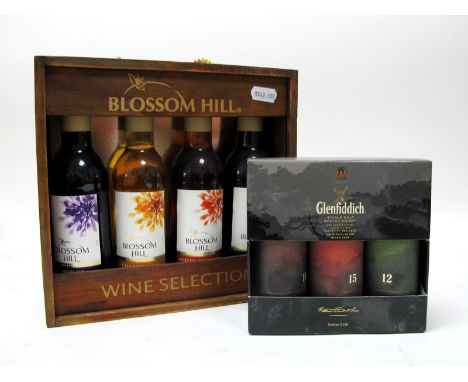 Whisky - Glenfiddich Single Malt Scotch Whisky Miniatures Set, 12 Years, 15 Years &amp; 18 Years, Blossom Hill 4 Wine Selecti