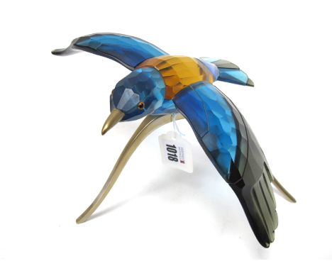 A Swarovski Crystal Paradise Bird Sculpture 'Roller Bird', on metal stand, 25cm wide.