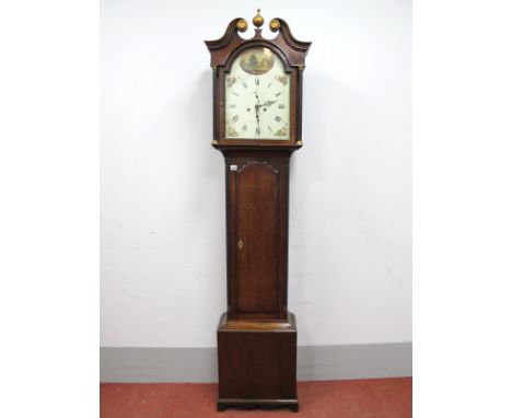 An XVIII Century Oak Eight Day Longcase Clock, the hood with swan neck pediment and arched door to painted white dial with Ro