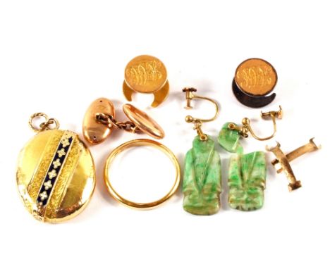 A mixed lot of Gold jewellery including a locket (as found), wedding band, Jade earrings, as found, studs etc
