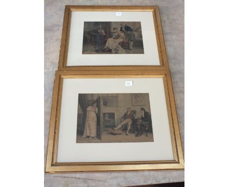 A linen print, The Cherub Choir and two Victorian parlour scene prints