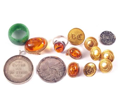 A 9ct Gold oval Amber brooch and earrings, a Green Jade ring, a Silver and Amber ring, a Silver Army Temperance Medallion Ind