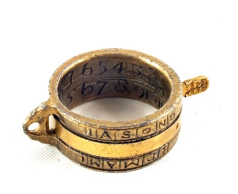 A Brass ring sundial stamped "To H.S.THON ANNO 1721" and with months of the year and hours, sliding ring to centre, 1 1/8" di