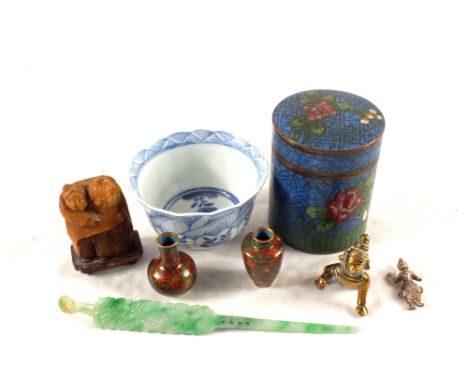 A Jade Gu (repaired), cloisonné pot and other items