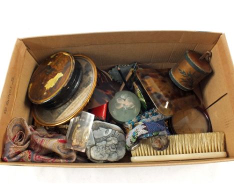 A 19th Century papier mache snuff box (as found) and other items