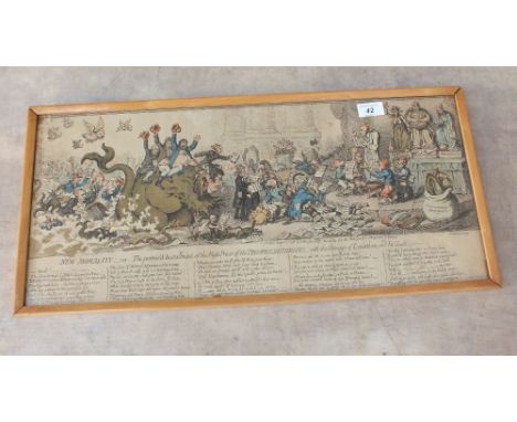 A coloured Gillray print, "New Morality, 1798",11" x 24"