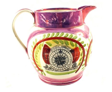 A 19th Century large Sunderland lustre jug with motto, ship and mariners compass