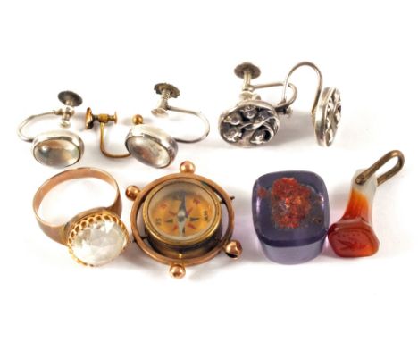 A yellow metal compass fob (as found), two stone seals and other items