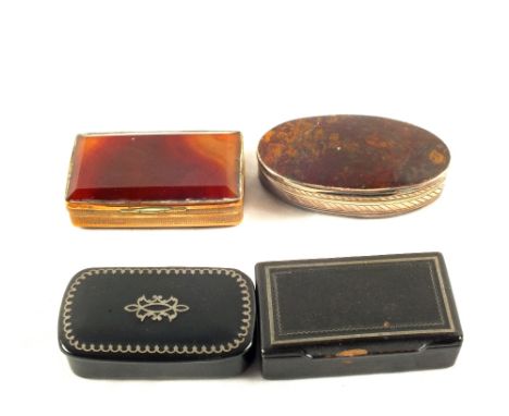 A 19th Century Agate and gilt metal snuff box, one other (cracked) and two papier mache snuff boxes