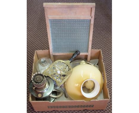A Brass and Iron trivet, washboard, oil lamp etc