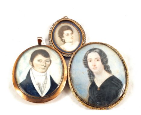 Three oval 19th Century portrait miniatures in gilt meal frames