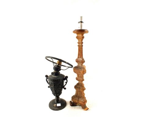 A 17th Century pricket candlestick (converted ) and Spelter table lamp