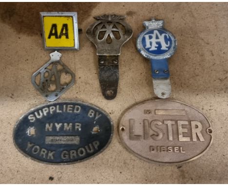 Two AA car badges, two RAC car badges and two engine plates