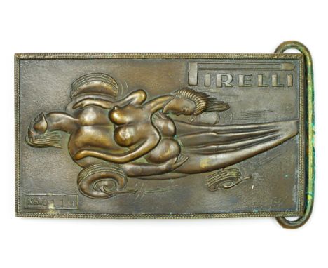 A Pirelli brass belt buckle designed by Salvador Dali (1904-1989), numbered NR0119, the front with erotic 'motoring' scene, t