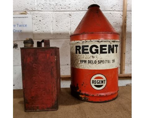 A Regent RPM Delo Special 20 5 gallon oil can and a SM and BP 2 gallon petrol can.