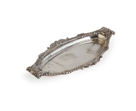 GEORGE III SNUFFER TRAY Paul Storr, London 1807, of shaped oval outline, the pointed ends with down turned acanthus terminals