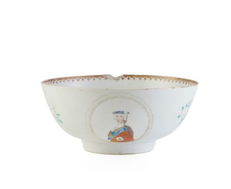 RARE CHINESE EXPORT PORCELAIN JACOBITE PUNCH BOWL QIANLONG PERIOD finely painted to both sides with a polychrome portrait of 