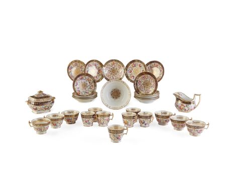 ENGLISH PORCELAIN PART TEA AND COFFEE SERVICE EARLY 19TH CENTURY each piece polychrome painted with mixed sprays of flowers s
