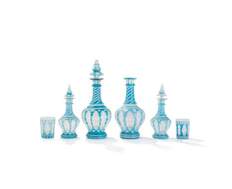 GROUP OF FOUR BOHEMIAN OVERLAY GLASS DECANTERS ENGRAVED WITH THE BREADALBANE CREST AND THE ORDER OF comprising two large deca