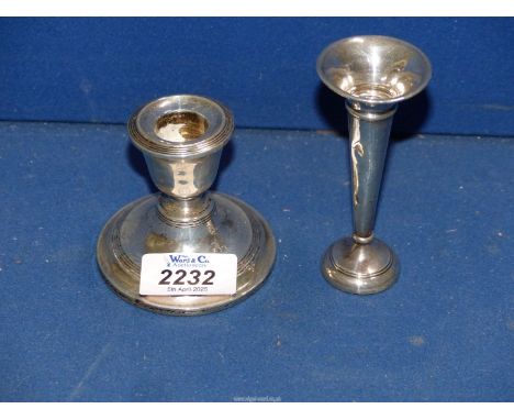 A Silver bud vase and short Candlestick, both weighted, Birmingham.