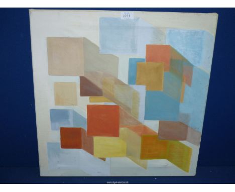 An unframed Abstract painting featuring geometric shapes in various colours, written verso E. Thomas, 22" x 22".