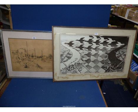 An etching "Entrance to a Village" indistinctly signed, and a black and white print of birds over a village or town, mount di