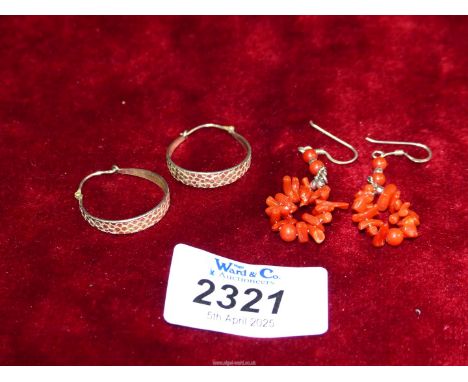 A pair of 925 silver earrings and a pair of coral earrings with 925 fixings.
