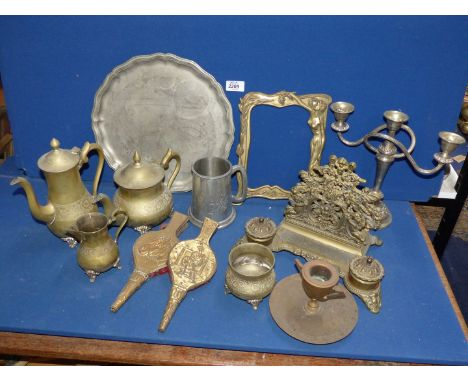 A quantity of brass to include: teaset, standish, etc. plus a plated candelabra.