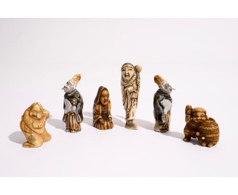 Six various Japanese netsuke in ivory and porcelain, Meiji/Taisho, 19/20th C.    Condition reports and high resolution pictur