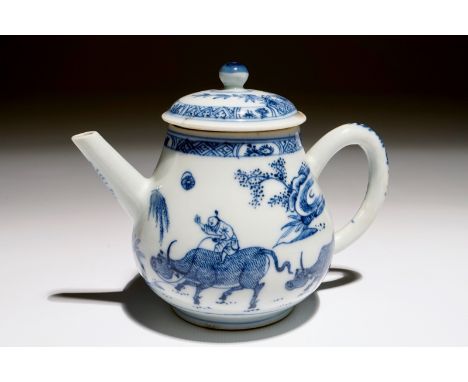 A Chinese blue and white "buffalo riding" teapot, Yongzheng  Dim.: 14 x 8,5 cm - H.: 10,5 cm  Condition reports and high reso