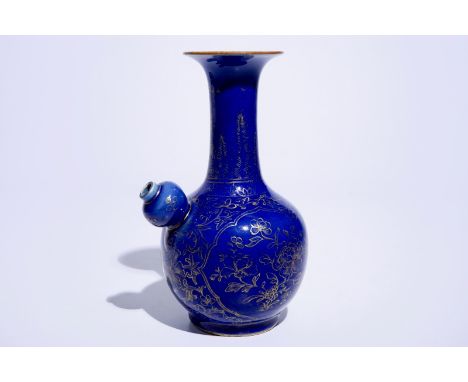 A Chinese powder blue and gilt kendi with floral design, Kangxi  H.: 24 cm  Condition reports and high resolution pictures ar