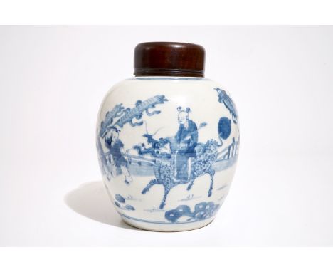 A blue and white Chinese ginger jar with playing boys, Kangxi  H.: 27 cm (incl. cover)  Condition reports and high resolution