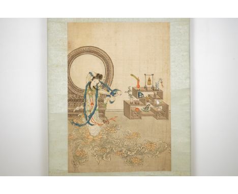 A large Chinese scroll painting, 19/20th C.  Dim.: 185 x 46 cm  Condition reports and high resolution pictures are available 
